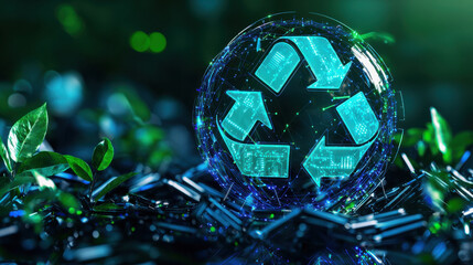 E-waste recycling concept. glowing recycling symbol surrounded by green leaves and electronic components