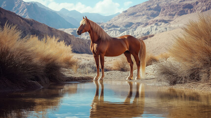 "National Arabian Horse Day" in bold white letters is placed at the bottom of the photo, featuring a majestic Arabian horse standing regally in a desert oasis, bathed in golden sunlight.

