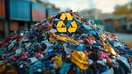 Fototapeta premium Pile of colorful recycled textiles in urban setting