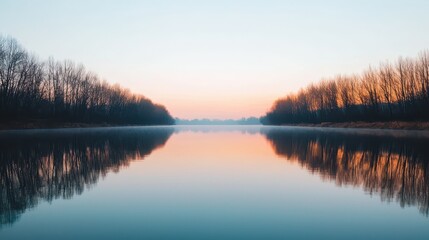Obraz premium Serene Landscape of a Calm Riverbank Surrounded by Symmetrical Willows Under a Tranquil Sky at Dawn