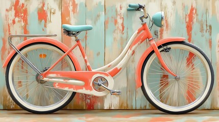 Retro Orange Bicycle Against Painted Wood Background