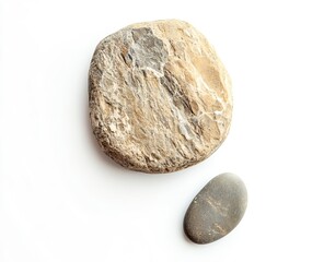 Fototapeta premium A round piece of sandstone and small pebble on white background, isolated on the left side, top view. stock photo in studio light 