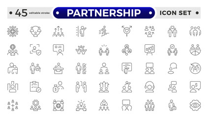 Partnership outline icon set. Headhunting line icon set. Recruitment icon. set Included the icons as Job Interview, Career Path, Resume, Job hiring.  Editable stroke outline icon. 
