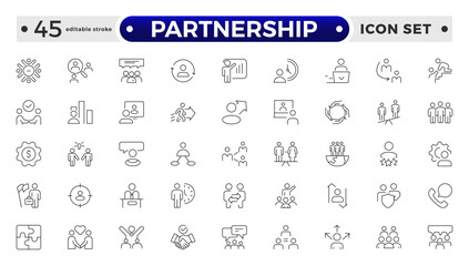 Partnership outline icon set. Headhunting line icon set. Recruitment icon. set Included the icons as Job Interview, Career Path, Resume, Job hiring.  Editable stroke outline icon. 

