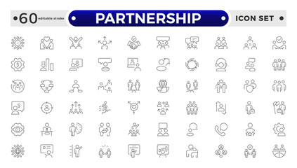 Partnership outline icon set. Headhunting line icon set. Recruitment icon. set Included the icons as Job Interview, Career Path, Resume, Job hiring.  Editable stroke outline icon. 

