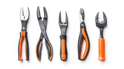 A collection of electrical installation tools, including wire strippers and pliers on a white isolated background