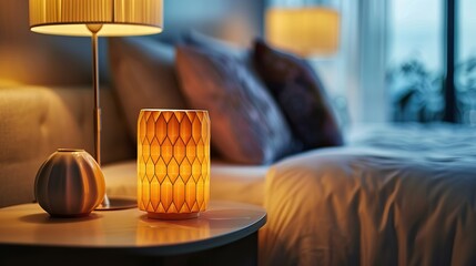 Cozy Bedside Table with Warm Ambient Lighting