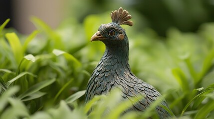 Obraz premium Charming Rendered Clay Peahen Blending Beautifully with Lush Green Leaves in a Serene Environment