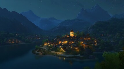 Fototapeta premium A serene village surrounded by mountains, with a small chapel glowing in the distance