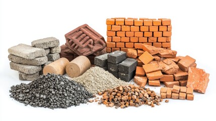 A collection of construction materials such as bricks, cement, and mortar on a white isolated background