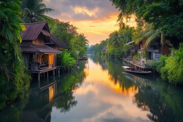 Obraz premium Tranquil River Village at Sunset Golden Hues and Lush Greenery