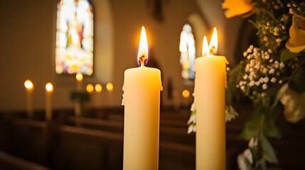 Burning Candles in Church Setting, Spiritual Peace, Religious Ceremony