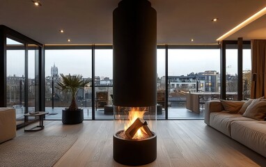 A freestanding cylindrical bio fireplace in a contemporary open-space apartment