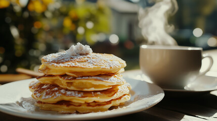 Finnish Pancakes stacked with powdered sugar and a cup of coffee on a sunny morning