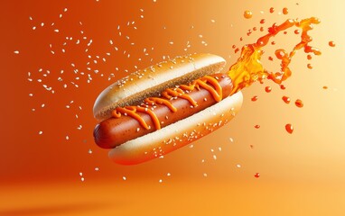 A smoky hot dog flying mid-air with a fiery orange sriracha sauce splash, surrounded by floating sesame seeds, on a gradient orange background