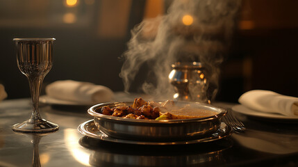 Indian Thali with steaming curry and tandoori chicken on a silver plate in an elegant setting