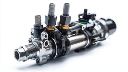 A close-up of a fuel injector with engine components on a white isolated background