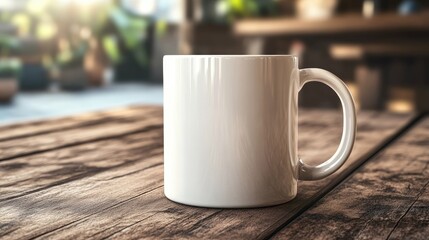White mug on rustic wooden table.