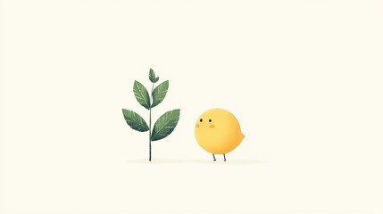 Fototapeta premium Small Yellow Chick Observing a Green Leafy Plant with Mustard Seed Growth in a Bright Minimalist Scene