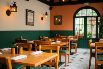 Cozy restaurant interior featuring wooden tables and green accents, perfect for dining and social gatherings.