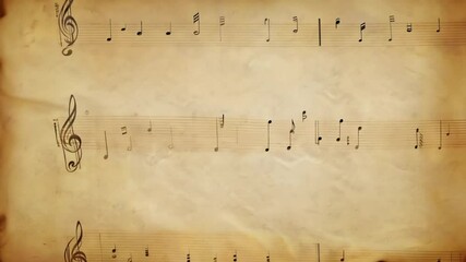 Aged vintage musical notes on a parchment background, representing classical music, history, and artistic creativity.