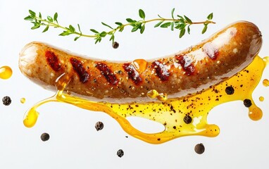 A golden bratwurst mid-air with a vibrant honey-dijon mustard sauce splash, paired with floating black pepper and thyme, on a bright white surface