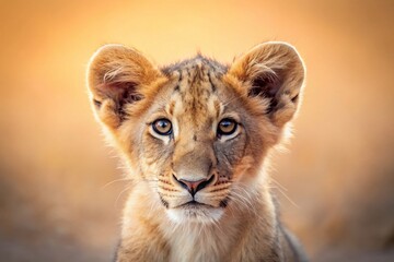 Obraz premium Minimalist Cute Lion Cub Portrait: Soft Focus, Beige Background
