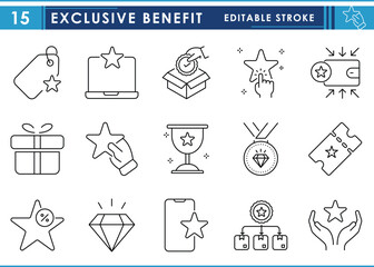 A set of line icons related to Exclusive Benefit. Award, discount, save, star, gain, medal, VIP, bonus, and so on. Vector editable stroke.
