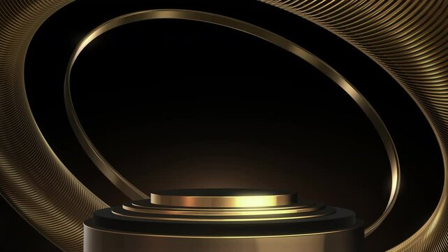 Beautiful 3D luxury golden podium stage. shiny circle frame. multiples rings with reflect and glow. for award ceremony event, Digital Art, Modern background, motion design, Loopable, LED, 4K