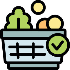 Online grocery shopping basket full of fresh produce, confirmed with a green check mark, symbolizing a completed order