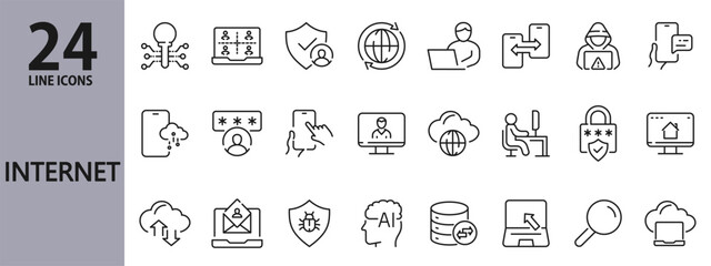 Internet line icons set with Security, Business, Cyberspace, Mail, Password, AI, Network, Notebook, Cloud, Server and more. Editable Stroke