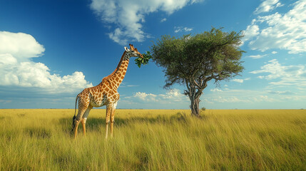 Fototapeta premium A giraffe eats leaves from a tree