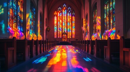 Obraz premium A glowing stained-glass window casting vibrant colors inside a quiet church