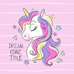 Animal print for clothes and fabric. Fashionable cute unicorn. Cartoon character. pink background.