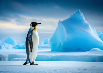 Fototapeta premium Minimalist Emperor Penguin in Antarctic Landscape: A Solitary Figure Against the Ice