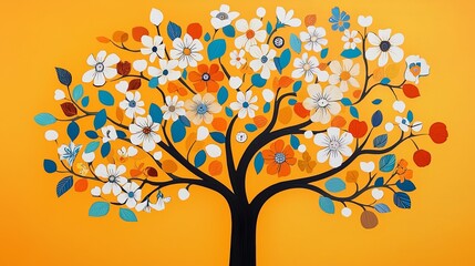 Vibrant Artwork of the Sacred Parijata Tree with Blooming Flowers on a Bright Yellow Background