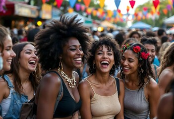 Obraz premium A crowd in an outdoor festival laughing and enjoying themselves, with colorful decorations in the background