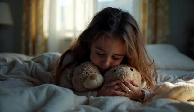 A 12 year old girl lying in bed embraces her stuffed animals