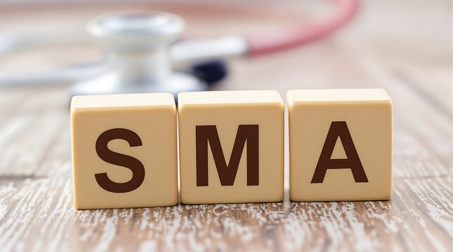 Wooden Blocks Spelling SMA on Doctor's Desk with Stethoscope and Clipboard, Representing Spinal Muscular Atrophy Diagnosis