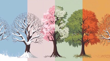 Trees in different seasons. 4 trees isolated on white background representing winter, spring, summer, autumn.