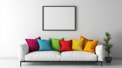 A Minimalist Living Room With A White Couch, Colorful Pillows, And A Blank Frame On The Wall.  The Vibe Is Calm And Modern.