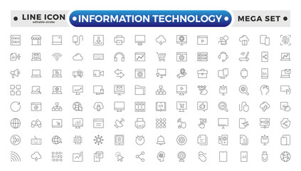 Information technology outline icons set. Set of technology icons. Industry concept factory of the future. Network, web design, website, computer, software, progress. Editable stroke outline icon. 