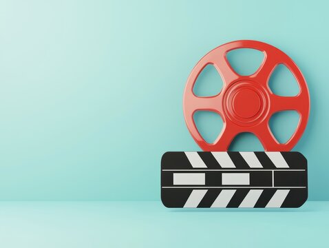 A vibrant red film reel alongside a classic black clapperboard set against a soft turquoise background, symbolizing movie production and creativity.