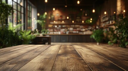 Rustic wooden table in front of a blurred cafe interior.