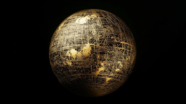 Realistic image of a golden globe with complex network connections on a black background
