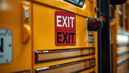 Yellow School Bus Emergency Exit Close-Up, Bright Exterior, High-Quality AI Photo