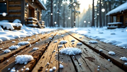 Delicate snowflakes drifting onto a rustic wooden floor in winter tranquility