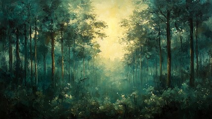 Fototapeta premium Mysterious Forest: A Captivating Oil Painting of Enchanted Woodland.