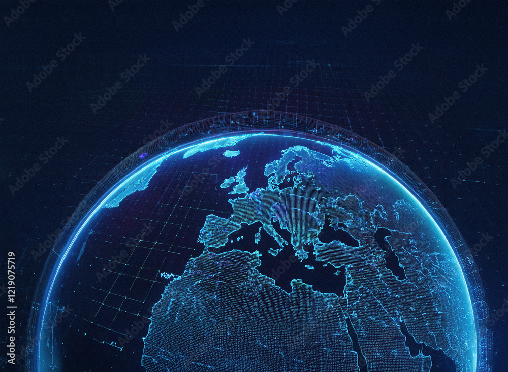 Poster A glowing digital globe, emphasizing Europe, is set against a dark background.  The continents are depicted with a network of interconnected lines, suggesting global connectivity and data flow.