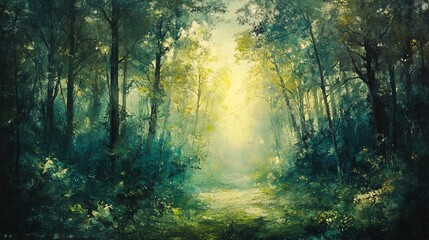 Obraz premium sunlight filtering through trees in a forest.